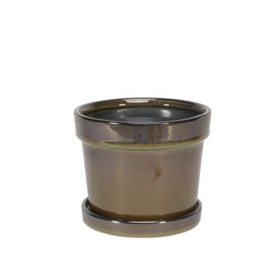 Painted TC Pot with Saucer Vintage Brown-Stoneware (13x11cm)
