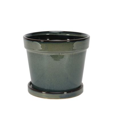 Painted TC Pot with Saucer Vintage Green-Stoneware (15x13cm)