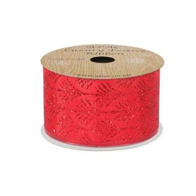 Red with Red glitter Palm Ribbon 63mm x 10yds 