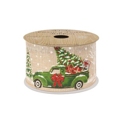 Natural Red & green pick up truck with trees Ribbon 63mm x 10yds