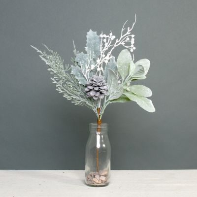 Lambs ear, Holly, Cone, and White Berry Flocked Spray 36cm