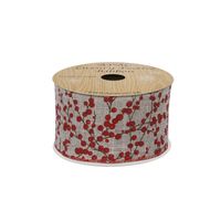 Grey with red glitter berries ribbon 63mm x 10yds