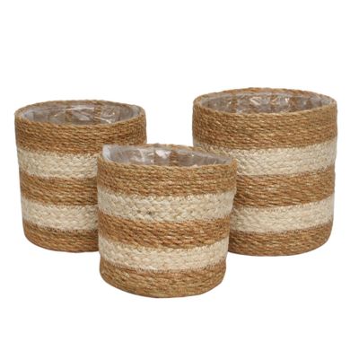 Set of 3 Natural Stripe Seagrass and Braided Jute Basket w/Liner