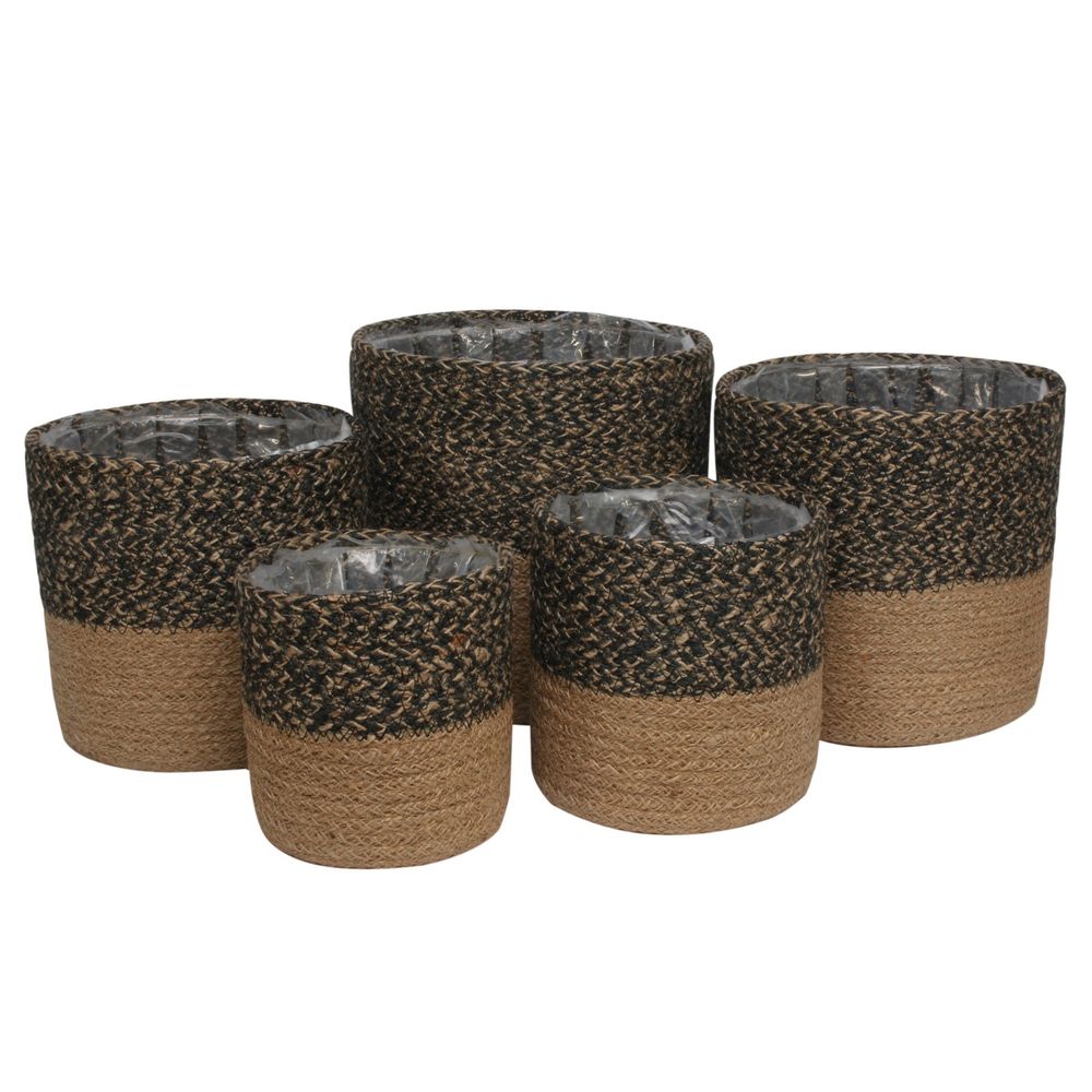 Set of 5 TwoTone Black & Natural Jute Braided Rope Basket with Liner
