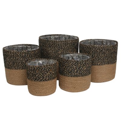 Set of 5  Two-Tone Black & Natural Jute Braided Rope Basket with Liner 