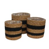 Set of 3 Black / Natural stripe Seagrass and Braided Jute Basket with Liner