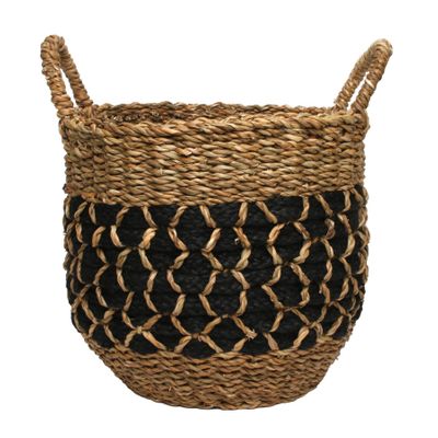 35cm Black / Natural Seagrass and Bradied Jute  Basket with Ear Handles w/Liner 
