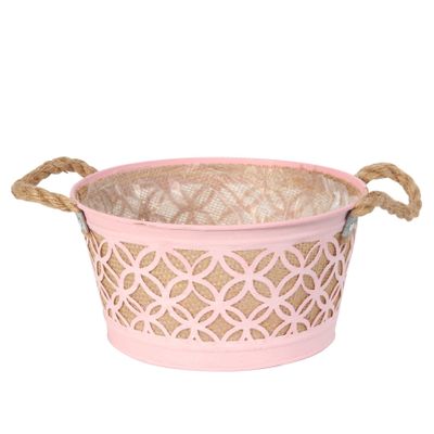 Round Pink Zinc Planter with Hessian Liner & Rope Handles