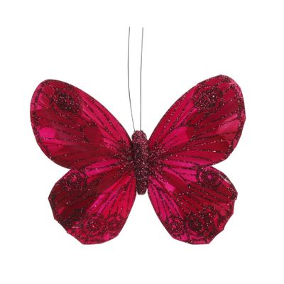 Burgundy Feather & Glitter Butterfly with clip 9cm x 12cm/Pk 12