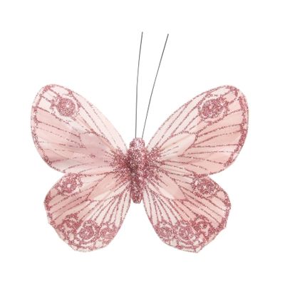 Baby Pink Feather & Glitter Butterfly with clip 9cm x 12cm/Pk 12