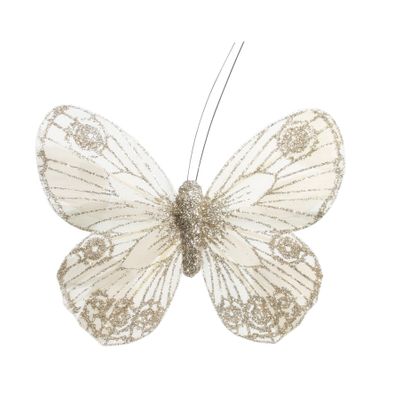Cream/Gold Feather & Glitter Butterfly with clip 9cm x 12cm/Pk 12