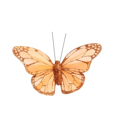 Pastel Orange Feather & Glitter Butterfly 5cm x 8cm w/clip/ Pk 12