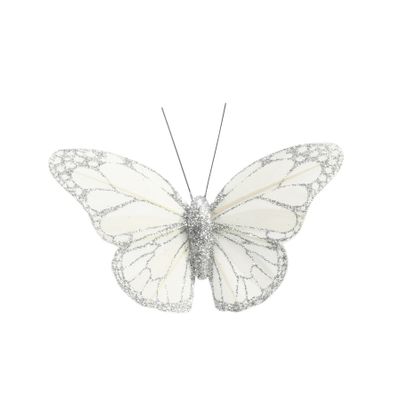 White/Silver Feather & Glitter Butterfly 5cmx 8cm w/clip /Pk 12