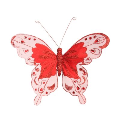  Red Fabric & Glitter  Butterfly   16cm x 24cm  w/clip /Pk 6