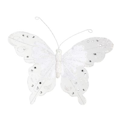 White Fabric & Glitter  Butterfly  16cm x 24cm  w/clip  white / Pk 6