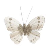  Ivory /Gold Feather & Glitter Butterfly 8cm x 11.5cm w/clip/ Pk 12