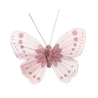 Pink Feather & Glitter Butterfly 8cm x 11.5cm w/clip/ Pk 12