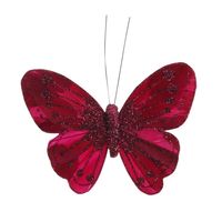 Burgundy Feather & Glitter Butterfly 8cm x 11.5cm w/clip/ Pk 12