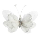 White Feather & Glitter butterfly with clip 9cm x 14cm/ Pk 6