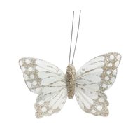 Ivory / Gold Feather & Glitter Butterfly 6cm x 9cm w/clip/Pk 12