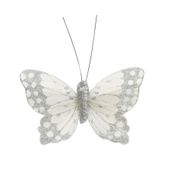  White / Silver Feather & glitter butterfly 6cm x 9cm w/clip/Pk 12