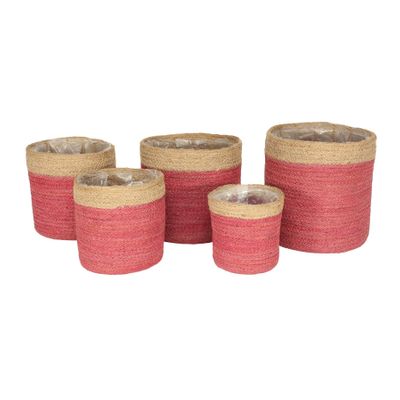 Set of 5 Jute Braided Rope Basket w/Liner (Natural & Pink)