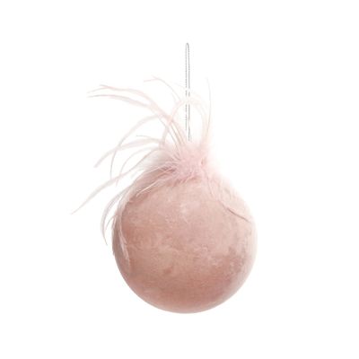 Bauble Velvet with Feather Glass 10cm Pink 