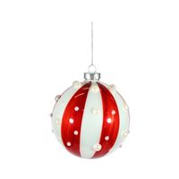Candyland Glass Bauble striped with pearl Glass 10cm Red/White