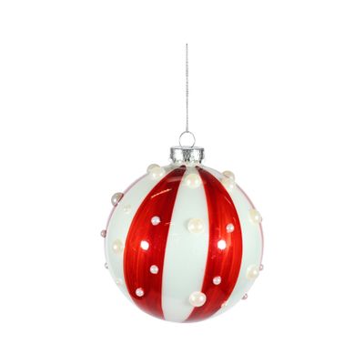 Candyland Glass Bauble striped with pearl Glass 10cm Red/White