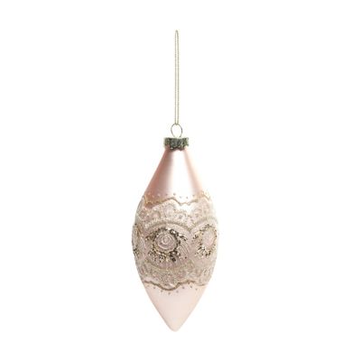 Bauble Droplet Embroidered Lace Glass 12cm Pink 