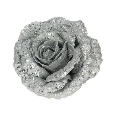 Glitter Rose w/Clip 18cm  Silver