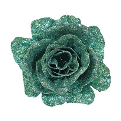 Glitter Rose w/Clip 10cm Turquoise 