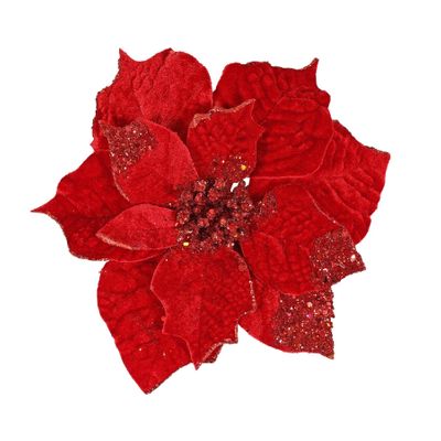 Velvet Poinsettia Flower Head W/Clip Red 25cm 