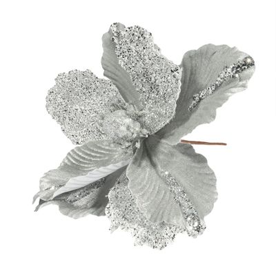 Velvet Magnolia with glitter leaf 26cm Silver 