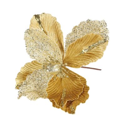 Velvet Magnolia with glitter leaf 26cm Gold