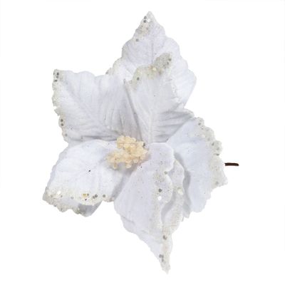 Velvet Poinsettia with Glitter edge 24cm White