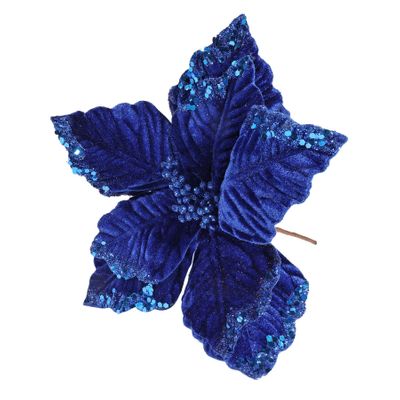 Velvet Poinsettia with Glitter edge 24cm Royal Blue
