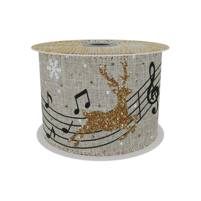 Natural Ribbon With Gold Reindeer and Musical Notes 63mm x 10yd