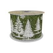Sage Coloured Mesh Ribbon with  White Xmas Tree Print 63mm x 10yd