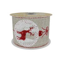 Natural Ribbon with Reindeer Bauble Print -Red/ White  63mm x 10yd