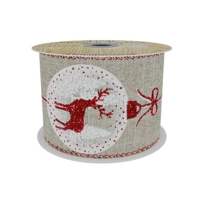 Natural Ribbon with Reindeer Bauble Print -Red/ White  63mm x 10yd