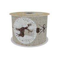 Natural Ribbon with Reindeer Bauble Print -Brown/ White  63mm x 10yd