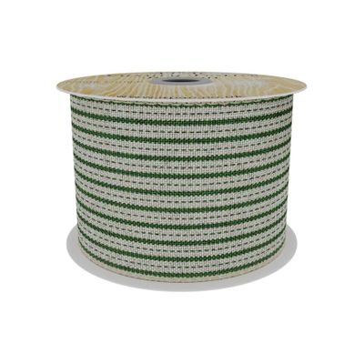 Natural and  Green Stripe Fabric Ribbon  63mm x 10yd