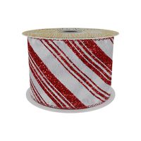 White Satin Ribbon with Red Glitter Diagonal Stripes 63mm x 10yd