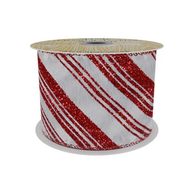White Satin Ribbon with Red Glitter Diagonal Stripes 63mm x 10yd