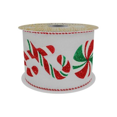 Taffeta Ribbon  with Candy Cane Print  Red/White/Green 63mm x 10yd