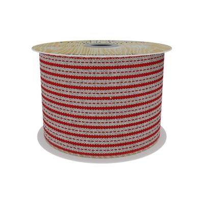 Red  and Natural Stripe Stitched Fabric  Ribbon  63mm x 10yd