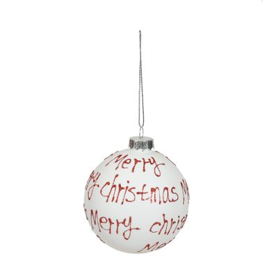 8cm White Glass Ball w Red Merry Christmas