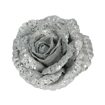 18cm Glittered Rose w/Clip -  SILVER
