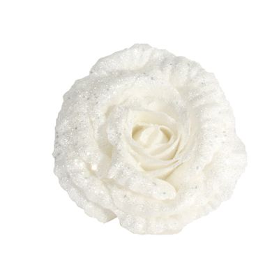 18cm Glittered Rose w/Clip - WHITE